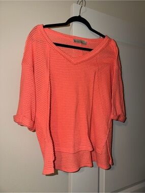 Lightweight Coral Waffle-Knit V-Neck Top